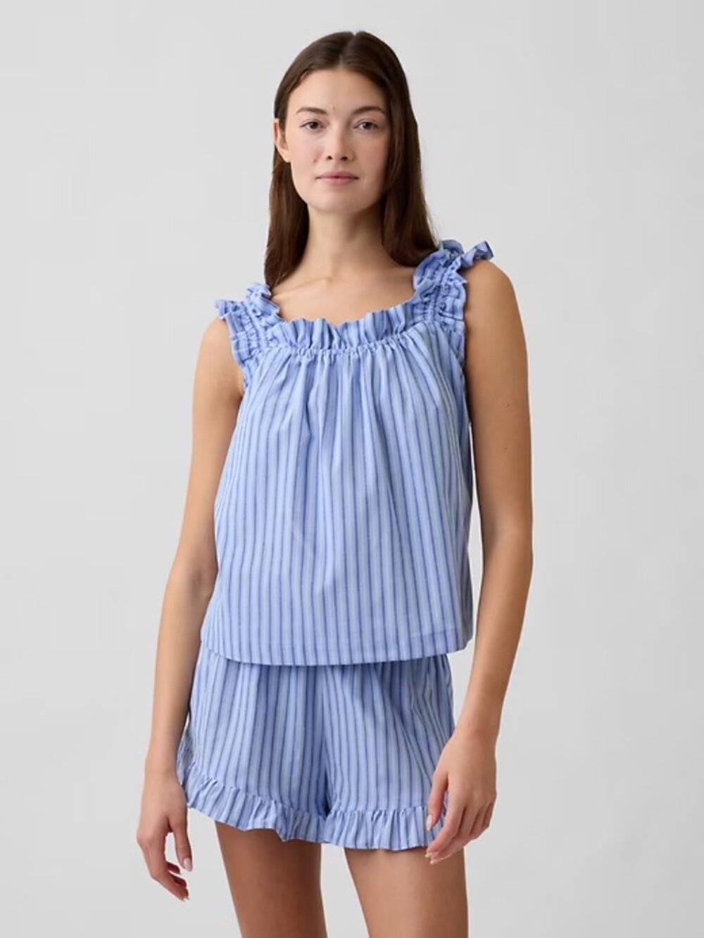 GapBody Blue Vertical Striped Ruffle Pajama Set M